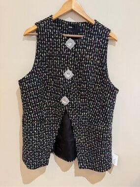 NWT ASOS LUXE Black Tweed Jacket pastel Flecking Crystal Brooch buttons size 14